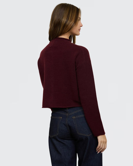 Raw Edge Mock Neck Button Down Cardigan Sweater Red