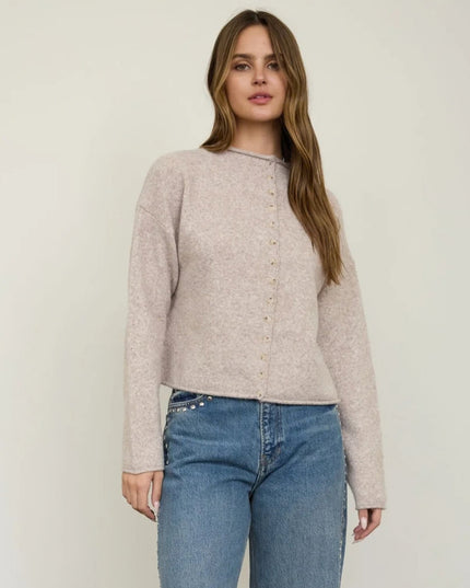 Raw Edge Mock Neck Button Down Cardigan Sweater Beige