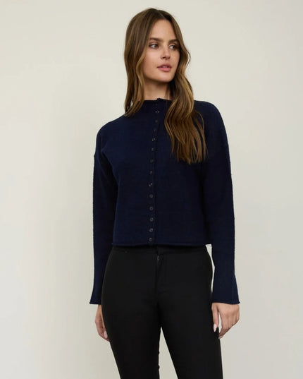 Raw Edge Mock Neck Button Down Cardigan Sweater Black