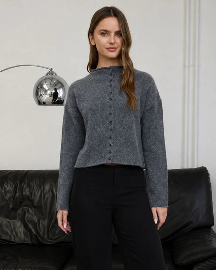 Raw Edge Mock Neck Button Down Cardigan Sweater Grey