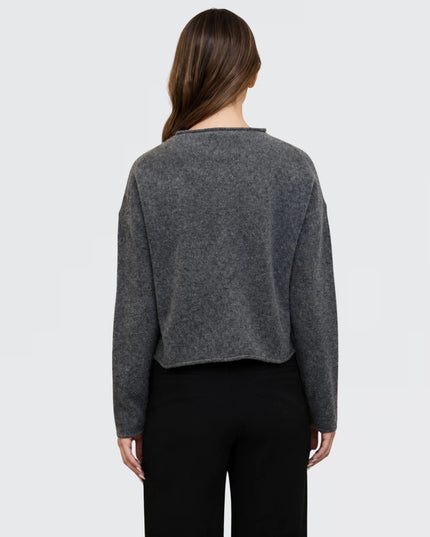Raw Edge Mock Neck Button Down Cardigan Sweater Heather