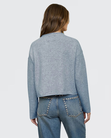Raw Edge Mock Neck Button Down Cardigan Sweater Sky