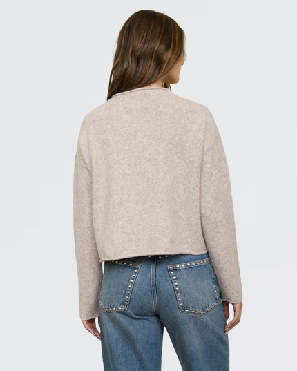 Raw Edge Mock Neck Button Down Cardigan Sweater Tan