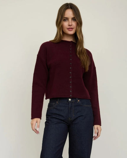 Raw Edge Mock Neck Button Down Cardigan Sweater Wine