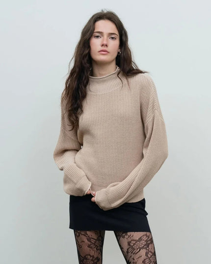 Ribbed Roll Mock Neck Cropped Knit Sweater Beige