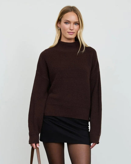 Ribbed Roll Mock Neck Cropped Knit Sweater Brown
