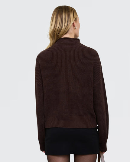 Ribbed Roll Mock Neck Cropped Knit Sweater Chocolate