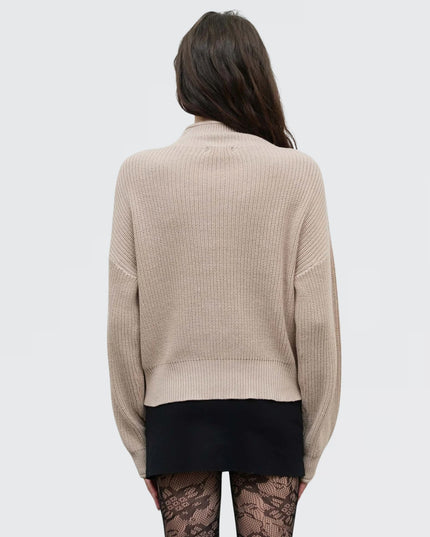 Ribbed Roll Mock Neck Cropped Knit Sweater Ivory