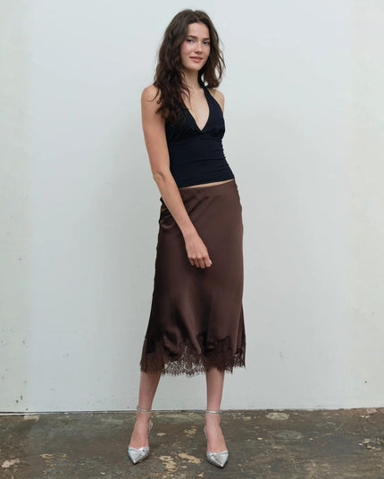 Satin Scalloped Lace Trim Midi Skirt