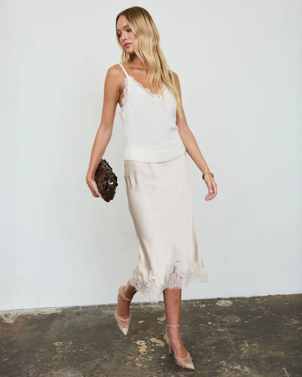 Satin Scalloped Lace Trim Midi Skirt Cream