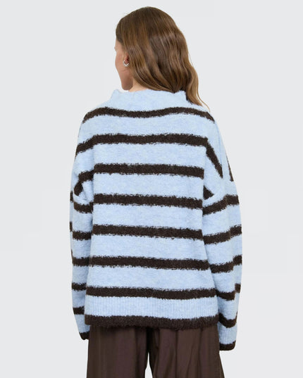 Stripe Mock Neck Button Down Fuzzy Cardigan Sweater Blue