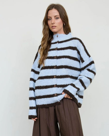 Stripe Mock Neck Button Down Fuzzy Cardigan Sweater