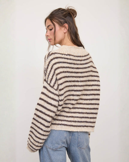 Stripe Rolled Edge Detail Knit Sweater Ivory