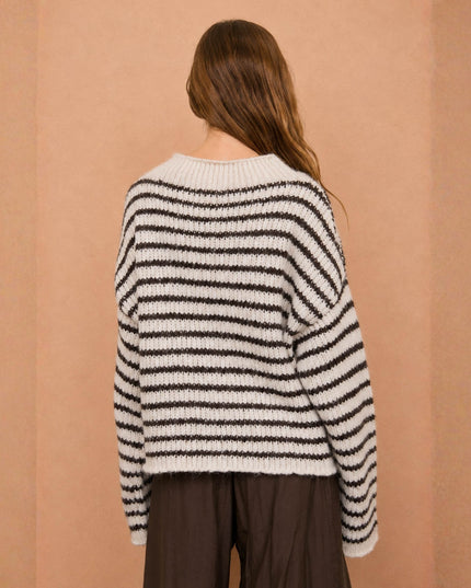 Stripe Rolled Edge Detail Knit Sweater White