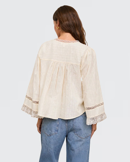 Textured Stripe Lace Trim Pleated Button Down 3/4 Sleeve Top Beige
