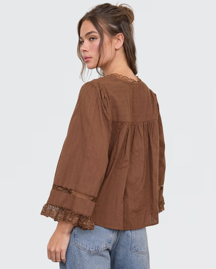 Textured Stripe Lace Trim Pleated Button Down 3/4 Sleeve Top