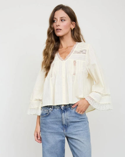 Textured Stripe Lace Trim Pleated Button Down 3/4 Sleeve Top Cream