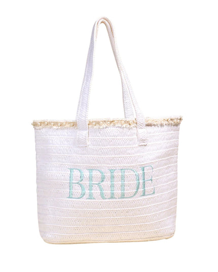 White tote bag with 'BRIDE' text on a white background