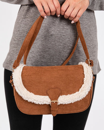 Buckle Closure Fleece Trimmed Crossbody Bag