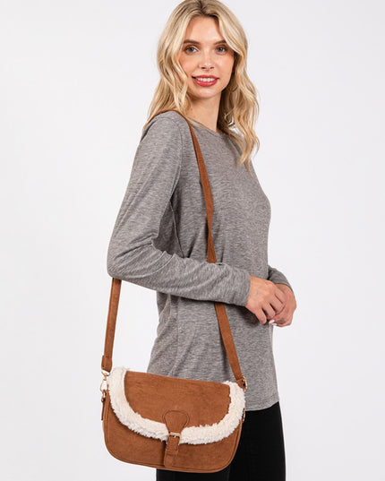 Buckle Closure Fleece Trimmed Crossbody Bag