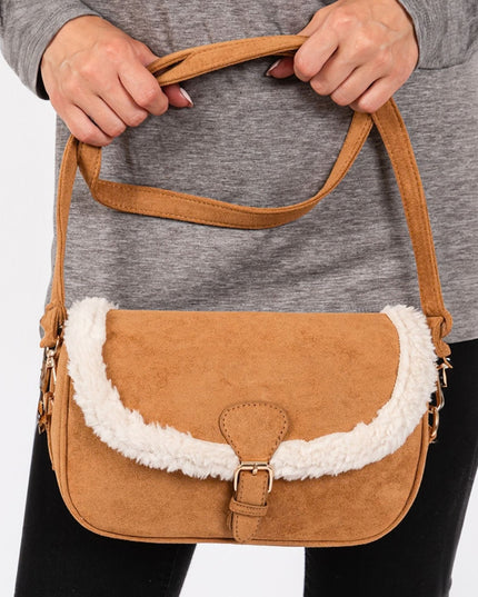 Buckle Closure Fleece Trimmed Crossbody Bag Camel