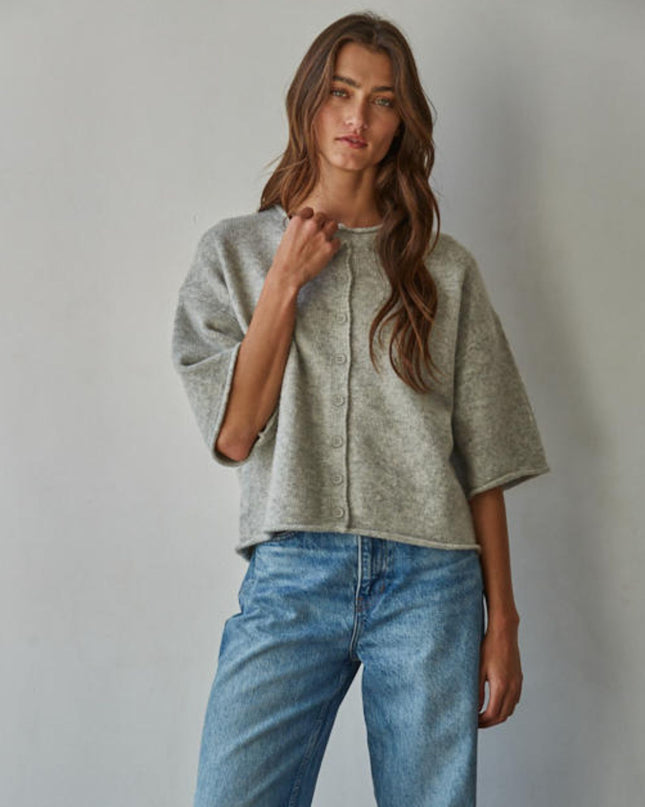 Kelsey Solid Quarter Sleeve Button Up Cardigan