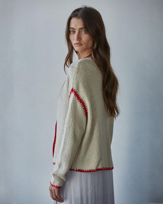 Noelan Contrast Stitch Trim Button Up Knit Cardigan Top Natural