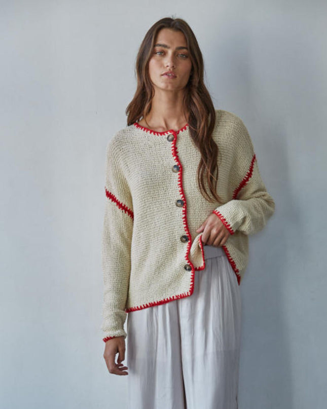 Noelan Contrast Stitch Trim Button Up Knit Cardigan Top
