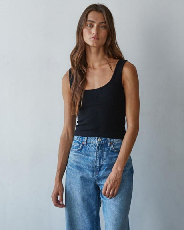 Padded Ribbed Fitted Tank Top Black