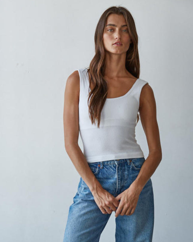 Padded Ribbed Fitted Tank Top White
