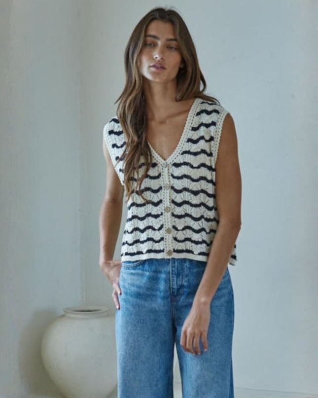 Paige Striped V-Neck Button Up Sleeveless Sweater Cardigan