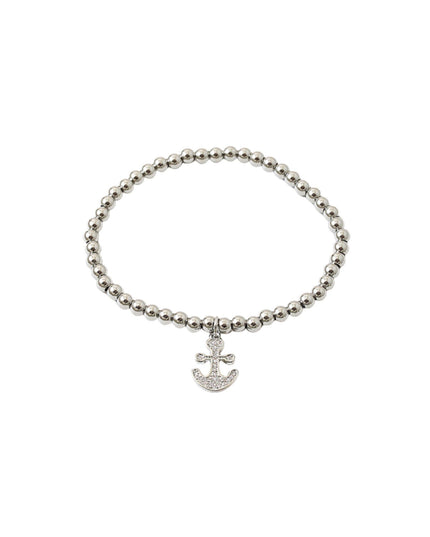 A silver beaded bracelet with a small anchor charm, displayed on a clean white background.