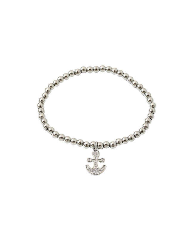 A silver beaded bracelet with a small anchor charm, displayed on a clean white background.