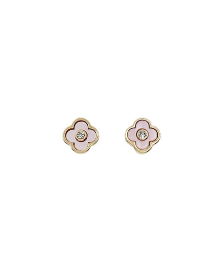 A pair of gold-tone flower stud earrings with pale pink enamel petals and a small clear crystal in the center, shown on a plain white background.