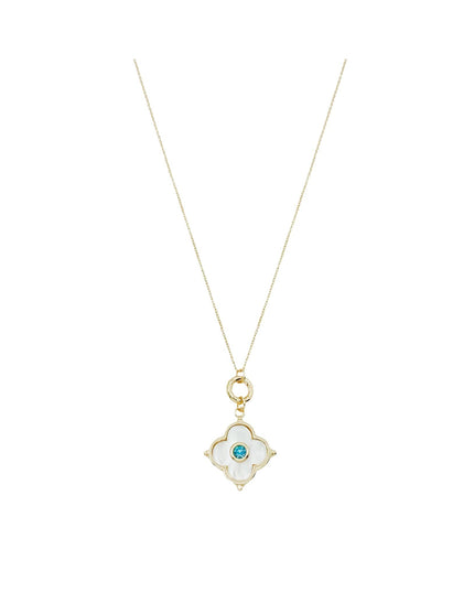 A delicate gold chain necklace featuring a small four-petal flower pendant with a white inlay and a central round turquoise-blue gemstone, shown against a plain white background.