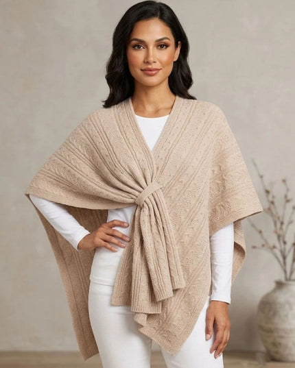 Cable Knit Convertible Poncho Wrap Shawl Tan