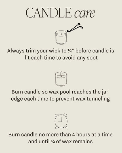 Candle care instructions with illustrations on a beige background