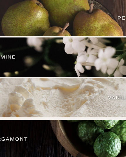 Collage of pears, jasmine flowers, vanilla ice cream, and bergamot fruits with labels.