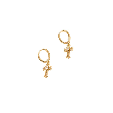 Gold hoop earrings with cross charms on a white background