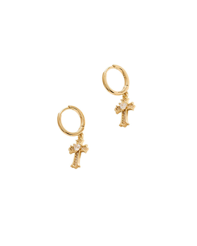 Gold hoop earrings with cross charms on a white background