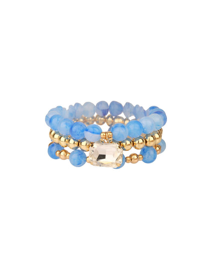 Center Crystal Marble Bead Gold Ball Beaded Stretchable 3 Bracelet Set Blue