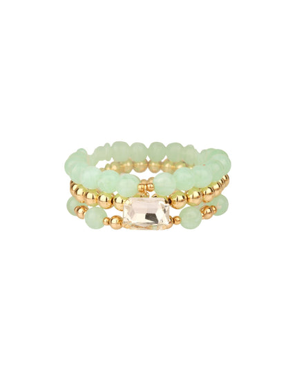 Center Crystal Marble Bead Gold Ball Beaded Stretchable 3 Bracelet Set Light Green