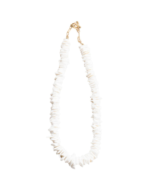 A white fringed necklace with a gold clasp, displayed against a solid white background.