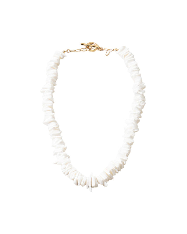 A white ruffled shell necklace with a gold clasp, displayed on a clean white background.