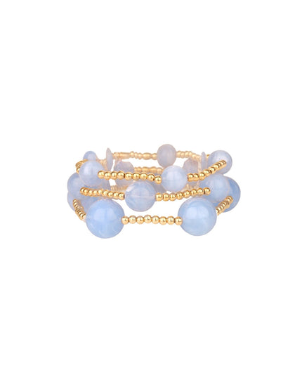 Chunky Marble Bead Gold Ball Beaded Stretchable 3 Bracelet Set Blue