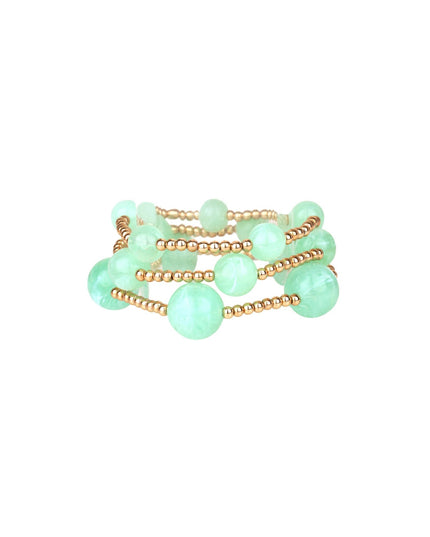 Chunky Marble Bead Gold Ball Beaded Stretchable 3 Bracelet Set Light Green