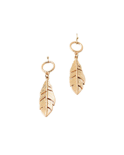 A pair of gold-toned dangle earrings shaped like textured feathers, hanging from simple circular hooks on a plain white background.
