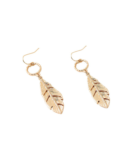 A pair of gold-toned dangle earrings with a textured feather drop design, shown on a plain white background.