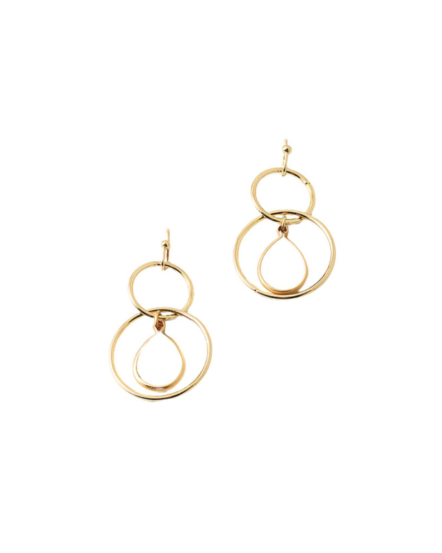 A pair of gold-toned double-ring dangle earrings with a small central bead, shown on a plain white background.