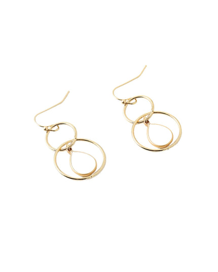 A pair of gold-toned dangle earrings with interlocking double-ring designs and fishhook backings, shown on a plain white background.